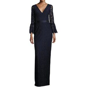 Theia Navy Blue Lace Gown With Bell Sleeves & Satin Waistband Sz 2